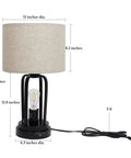 Industrial Farmhouse Table Lamps Duo With Night Light and USB Charging, linen drum shade, matte black metal base, dimensions shown