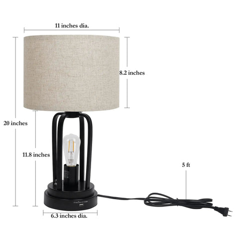 Industrial Farmhouse Table Lamps Duo With Night Light and USB Charging, linen drum shade, matte black metal base, dimensions shown
