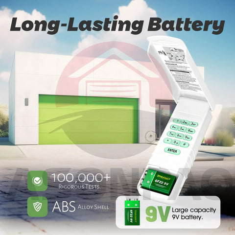 Replacement Keypad For MegaCode Linear Garage Door Opener, showing keypad with 9V battery information and open garage background.