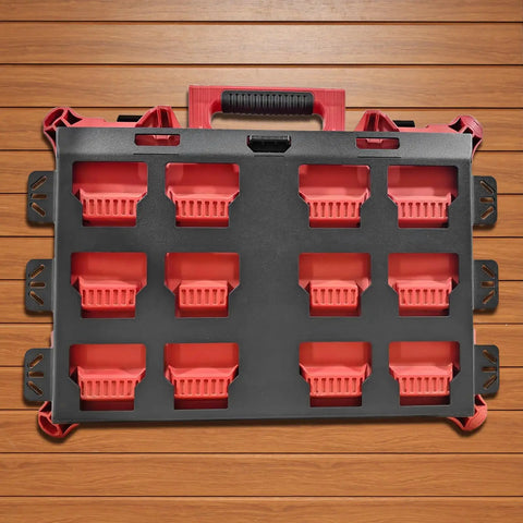 Badass Heavy Duty Mending Plate And Toolbox Bracket Crafted From Corrosion Resistant Stainless Steel Features A Secure Locking Mechanism Rated For 100 Pounds shown in red and black tool organizer with multiple storage slots.