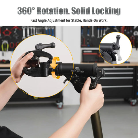 Hands adjusting 360-degree rotatable head of Lightweight Aluminum Bike Repair Stand Portable Work Stand For Mountain MTB And Road Bikes Height Adjustable From 39 To 59 Inches Holds Up To 55 Lbs For DIY Home Garage Use