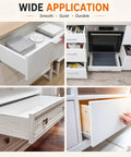 Four images of drawers using 5 Pack Drawer Track Rollers Right Hand Replacement Guides for Dressers and Cabinets, 13/16 Inch Nylon Wheel with Steel Bracket, Quiet Glide Mono Rail System.
