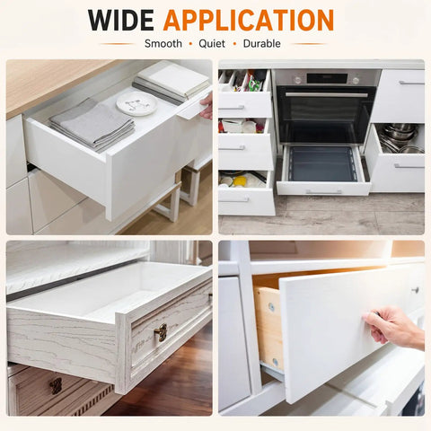 Four images of drawers using 5 Pack Drawer Track Rollers Right Hand Replacement Guides for Dressers and Cabinets, 13/16 Inch Nylon Wheel with Steel Bracket, Quiet Glide Mono Rail System.