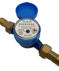 Inline Water Meter With 3/4 Inch NPT Couplings, Gallon Readout, Horizontal Dial Facing Up, No Fuss Install For Home, Farm, Or Workshop, Works In Any Orientation With Vertical Or Horizontal Mount. Blue inline water meter with brass 3/4 in NPT couplings and top-reading dial