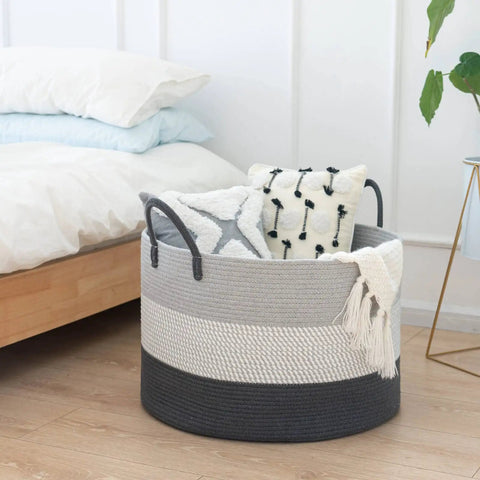 XXL Woven Rope Storage Basket With Handles In Grey Extra Large Organizer For Nursery And Kids Room Perfect For Toys Blankets Pillows Towels And General Storage 21.7 By 13.8 Inches