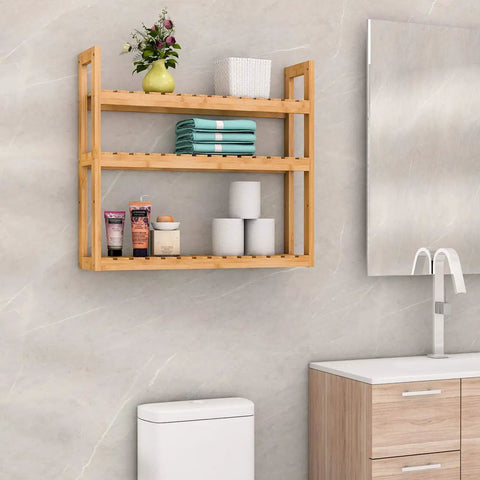 Bamboo 3 Tier Wall Mount Over Toilet Shelf Rack Adjustable Space Saving Storage with items above bathroom vanity.