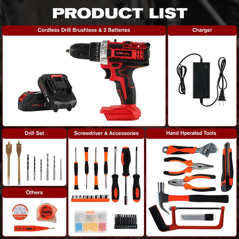 43 Piece Power Tool Set Combo Kit With 21V Cordless Drill Driver For Home DIY Projects In Storage Case Including 19 Plus 1 Clutch And Two Speed Modes 0 600 RPM And 0 1850 RPM For Quick Repairs, showing drill, batteries, charger, and tools