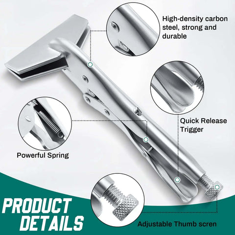 Close-up details of Two Pack 8 Inch And 10 Inch Locking Sheet Metal Pliers Set, showing carbon steel construction and adjustable features.