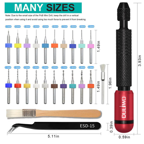 Dual-Bearing Pin Vise Hand Drill Kit with micro drill bit set, tweezers, and brush, sizes shown in inches, red, 26-piece