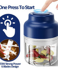 Upgrade Electric Garlic Chopper With Six Stainless Steel Blades Portable Mini Food Processor For Mashing Onions Chili And Meat Cordless Usb Rechargeable Wireless Design with a button for easy one-press operation.