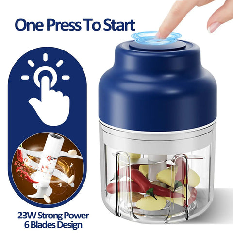 Upgrade Electric Garlic Chopper With Six Stainless Steel Blades Portable Mini Food Processor For Mashing Onions Chili And Meat Cordless Usb Rechargeable Wireless Design with a button for easy one-press operation.