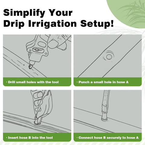 Diagram of using 2 In 1 Drip Irrigation Punch Tool Kit With Hole Puncher, Hose Cutter, Drip Plugs And 1/4 Inch Barbed Connectors.