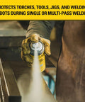 Person using Heavy Duty Welding Anti Spatter Spray 2 Pack 8.5 Oz Each For Arc Mig Tig Tips And Surfaces Silicone Based Non Flammable.