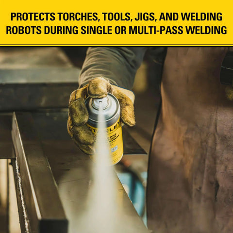 Person using Heavy Duty Welding Anti Spatter Spray 2 Pack 8.5 Oz Each For Arc Mig Tig Tips And Surfaces Silicone Based Non Flammable.