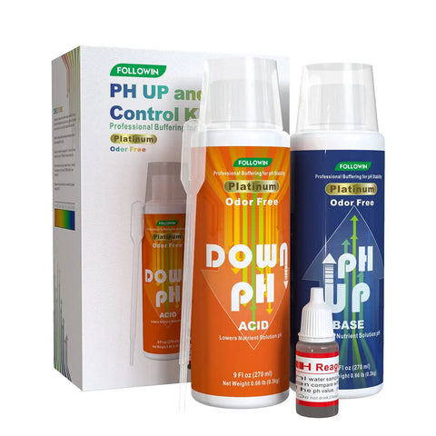 PH Up and Down Control Kit with 9oz and 9oz Buffer Solutions for Hydroponics, bottles and box, front view
