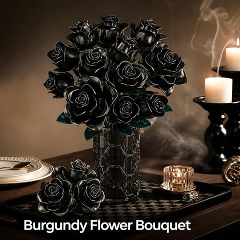 Gothic Dope Matte Black Rose DIY Building Kit With 634 Pieces For A Realistic 12 Rose Bouquet Showing Full Half Bloom And Bud Stages, Ideal Home Office Decor Gift For Adults And Kids Ages 6 Plus, matte black rose bouquet on table