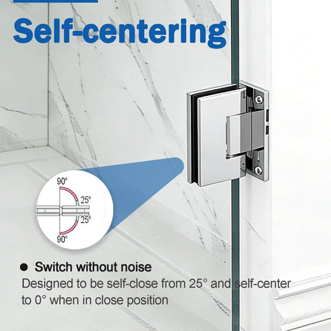 Hella Sturdy Brass Shower Door Hinges For Bathroom Glass shown in self-centering position with 90-degree pivot action, chrome finish.