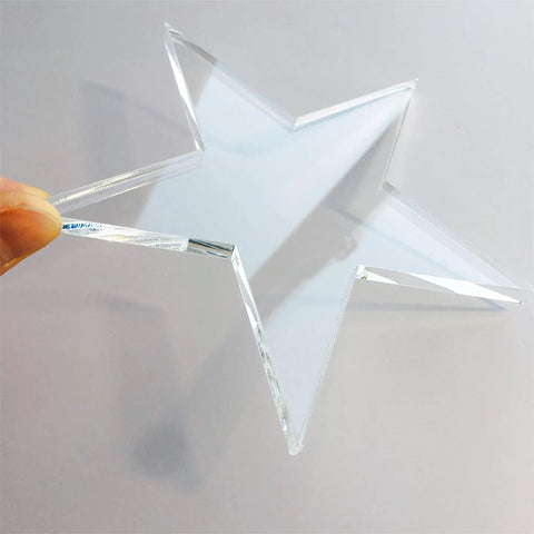 Super Slick Clear Acrylic Coaster Templates For Woodworking Router Guides Dead Simple Laser Cut Craft Jigs Star Shape being held.