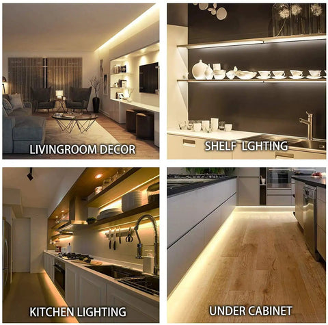 32.8 Ft Dimmable LED Under Cabinet Lighting Kit With 2 Rolls Of 16.4 Ft Each, 600 LEDs installed in various room settings