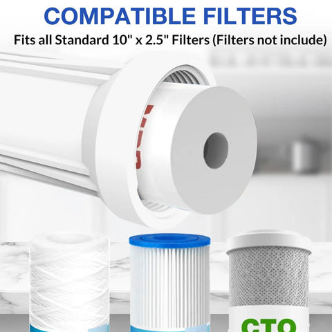 Universal 10 Inch Whole House Water Filter Housing With Heavy Duty Steel Bracket And Three Quarter NPT Fittings For No Sweat Sediment Filtration Drop Right In Home Install Includes Wrench Pack Of Two, showing compatible 10" x 2.5" filters.