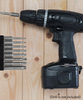 Eight Piece Torx Star Security Screwdriver Bits Set Magnetic Tamper Proof T8 T10 T15 T20 T25 T27 T30 T40 displayed with cordless drill