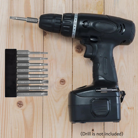 Eight Piece Torx Star Security Screwdriver Bits Set Magnetic Tamper Proof T8 T10 T15 T20 T25 T27 T30 T40 displayed with cordless drill