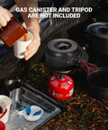 Durable Camping Cookware Set With Nonstick Hard Anodized Aluminum Pots And Pans Mess Kit For Outdoor Cooking; tableware visible