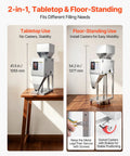 Slick Automatic Filling Machine With Smart Weighing Sensor And Foot Pedal For Coffee Beans Grains Spices Stainless Steel Particle Dispenser shown in tabletop and floor-standing configurations.
