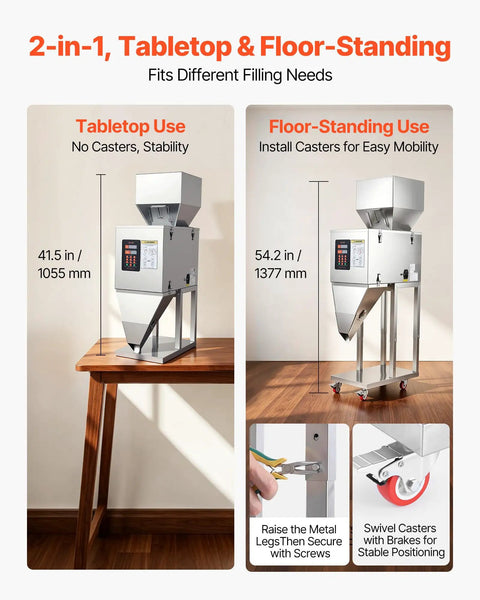 Slick Automatic Filling Machine With Smart Weighing Sensor And Foot Pedal For Coffee Beans Grains Spices Stainless Steel Particle Dispenser shown in tabletop and floor-standing configurations.