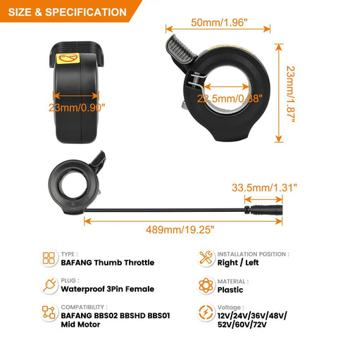 Waterproof 3Pin Thumb Throttle For Mid Drive Electric Bike Kits Fits BBS Series UART 5.0 To 5.8 Long 19 Inch Length Durable Accelerator For Electric Bike Conversions And Upgrades DIY Friendly