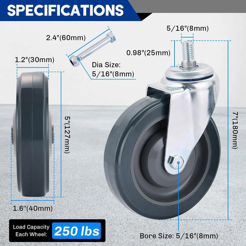 Specifications of 4 Pack 5 Inch Shopping Cart Replacement Wheels Kit With 2 Stemless Casters And 2 Stem Threaded Casters Wheels Includes Hardware Single Ball Bearing Silent Shopping Cart Wheels For Supermarket Dolly Upgrade Grey.