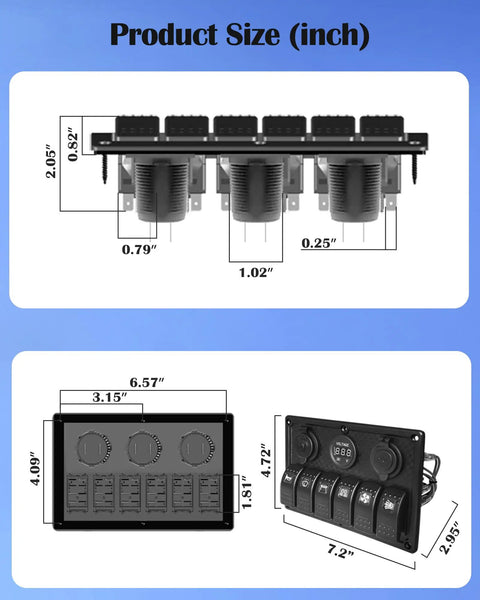 Dimensions and layout of Beefed Up 6 Gang Boat Rocker Switch Panel Waterproof Marine DC 12V LED Illuminated Switches.