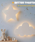 Cloud Night Light For Nursery With Dimmable And Rechargeable Design, Kid Friendly Wall Lamp For Bedtime Routines, Cozy Glow For Peaceful Sleep In Crib And Baby Room, Includes 68 Pcs Star Wall Decals, shown with star lamp and stuffed bunny.