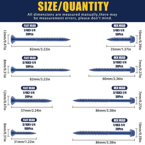 Concrete Screw Assortment Kit With Drill Bit, 300 Pieces, 8 Sizes Including 1 Quarter Inch And 3 Sixteenth Inch, Flat And Hex Head