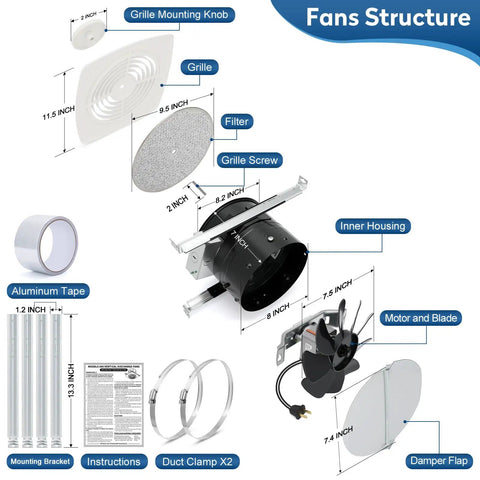Components of Beefy 8 Inch Bathroom Exhaust Fan With 200 CFM White Vertical Discharge Ceiling Ventilation Fan displayed.