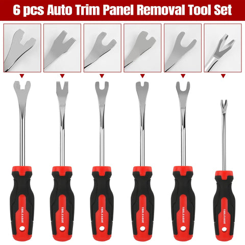 Top Shelf 6 Piece Auto Trim Removal Kit With Pivot Levers For Scratch Free Door Panel And Dashboard Extraction set of six tools showcasing steel extractors with rubber grips.