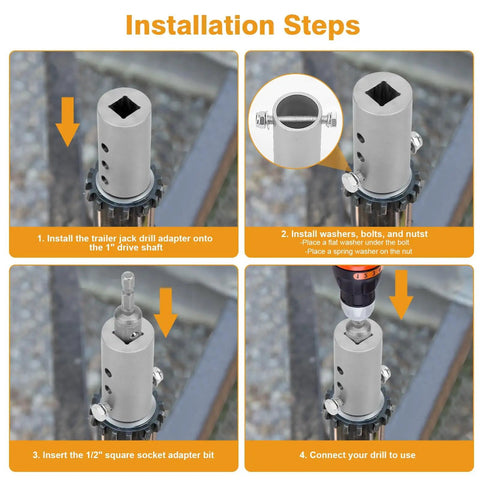 Installation steps for the Trailer Drill Jack Adapter With 1 Inch Drive Shaft Impact Tool Adapter for Top Wind Jacks.