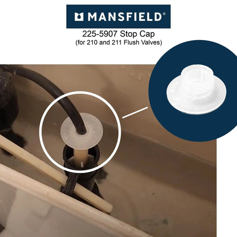 Heavy Duty White Stop Lock Cap For Toilet Flush Valves 225 5907 210 211 installed on a flush valve inside a toilet tank.