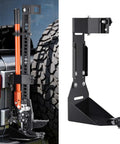 Rock Solid High Lift Jack Mount Bracket For Jeep Wrangler YJ TJ JK JL with orange jack secured to a black heavy duty mount.