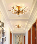 Crystal Chandelier Pendant Light With K9 Crystals, Vintage Gold Ceiling Fixture in a hallway setting