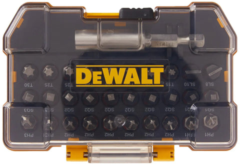 DWAX100 31 Piece Screwdriving Set With Magnetic Bit Tip Holder And Extra Small Tough Case top view in packaging