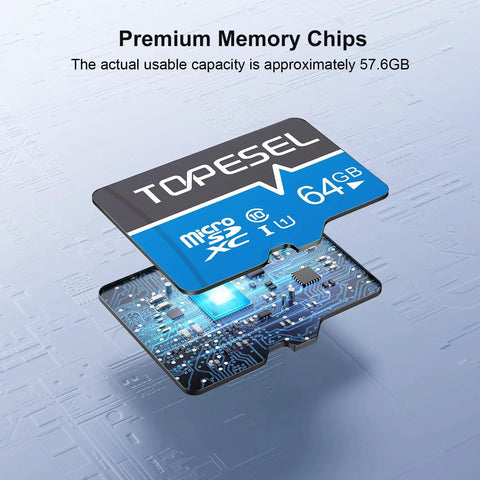 Exploded view of 64GB Micro SDXC Memory Card UHS-I Class 10 with 80/20 MB/s speed showing internal chip and design details.