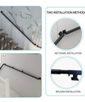 Heavy Duty Black Wrought Iron Wall Mount Stair Railing Adjusts 5 To 14 Feet For Decks And Porches, showcasing two installation methods.
