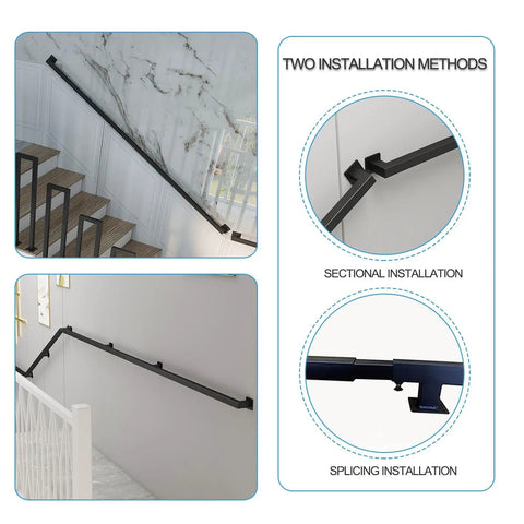 Heavy Duty Black Wrought Iron Wall Mount Stair Railing Adjusts 5 To 14 Feet For Decks And Porches, showcasing two installation methods.