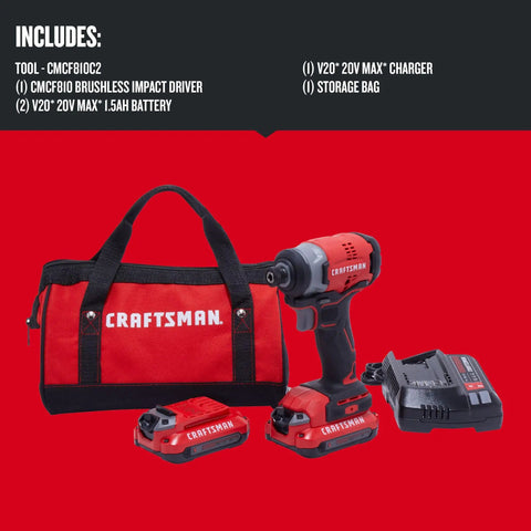V20 Max Impact Driver Cordless Kit With Brushless Motor And Beast Mode Power shown with bag and 20V batteries