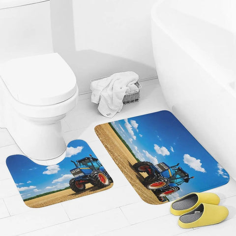 Ultra Soft Coral Velvet 2 Piece Bath Rug Set With Non Slip U Shaped Contour Toilet Mat And Fantasy Farm Tractor Print Bath Mats