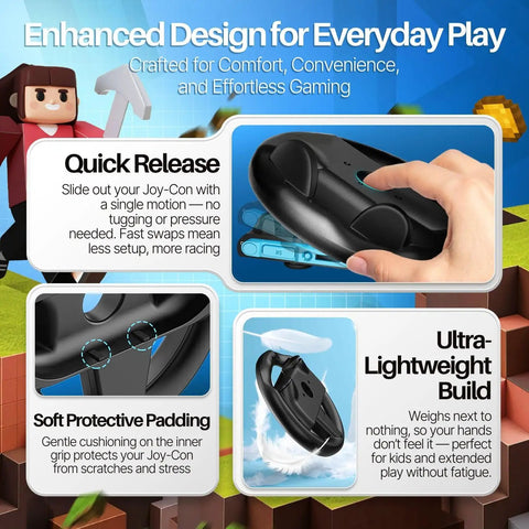 Switch 2 Steering Wheel Racing Accessory Kit showcasing ergonomic design and dual grip handles for Joy Con controllers.