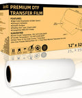 DTF Transfer Roll Film 12 x 328 ft Double Sided Matte PET Pro Grade Heat Transfer Film next to product box