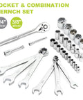 Socket and combination wrench set with various sizes, includes ratchet driver and attachments on display, 1/4 and 3/8 driver sizes.