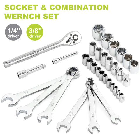 Socket and combination wrench set with various sizes, includes ratchet driver and attachments on display, 1/4 and 3/8 driver sizes.